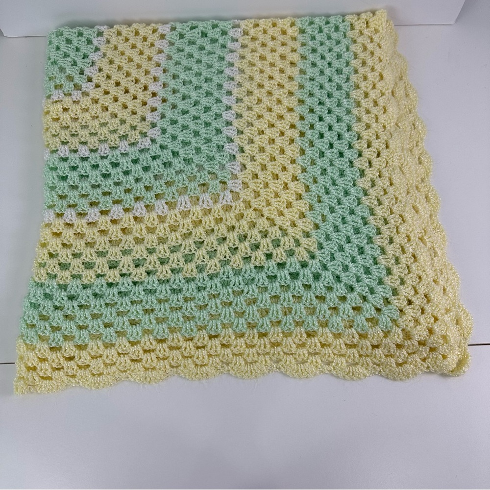 Crochet Gender Neutral Baby Blanket Green, Yellow with White Accents Handmade